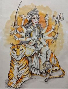 Durga Tattoo, Divine Paintings, God Illustration, Durga Painting, Mata Rani, Goddess Durga, Animal Portraits Art, Energy Art