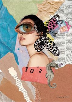 an altered collage of a woman's face with a butterfly on her head