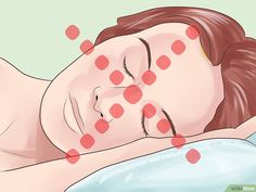 a woman laying down with her eyes closed and red dots on her face above her head