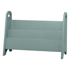 a blue wooden bed frame with two rails on each side and one rail at the top