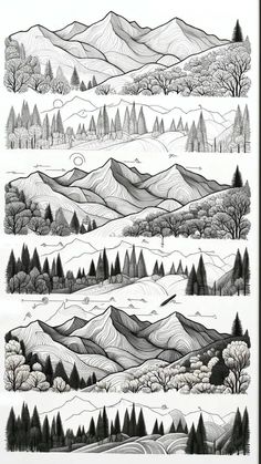 three black and white drawings of mountains with trees