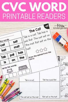 the cvc word printable worksheet is shown with crayons and markers