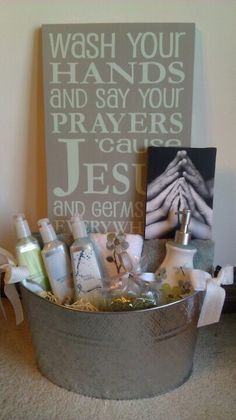 a metal bucket filled with personal care items