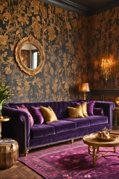 a living room with purple couches and gold accents