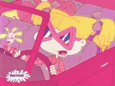 a cartoon girl driving in the back seat of a car with another person behind her