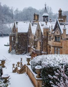 an old building with snow on the roof and bushes in front, surrounded by trees