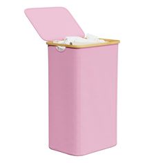 a pink trash can with tissue in it