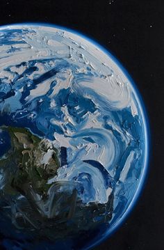 the earth is covered in blue and white swirls as it sits on a black surface