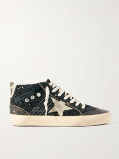 GOLDEN GOOSE Mid Star suede and leather-trimmed distressed glittered faux leather sneakers Navy Golden Goose, Golden Goose High Tops, Golden Goose Mid Star, Golden Goose Mid, Gold Money, Golden Goose, Leather Sneakers, Net A Porter, Leather Trims