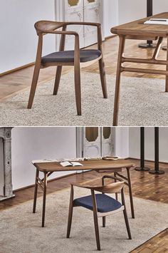 two different views of a wooden table and chair in the same room, one is empty