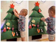 two pictures of a toddler decorating a christmas tree with felt and magnets