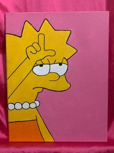 a painting of a cartoon character on a pink background that looks like it is frowning