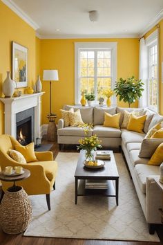 a living room with yellow walls and white furniture in the center, along with a fireplace