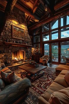 a living room filled with furniture and a fire place next to a large glass window