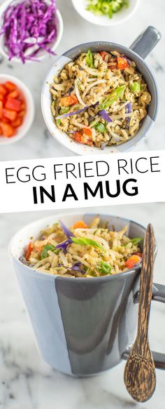 egg fried rice in a mug with carrots, celery and red cabbage