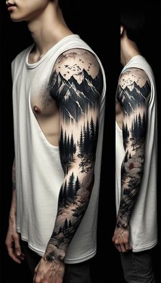 a man's sleeve with mountains and trees on it