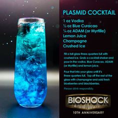 a glass with blue liquid in it and the words bioshock written on it