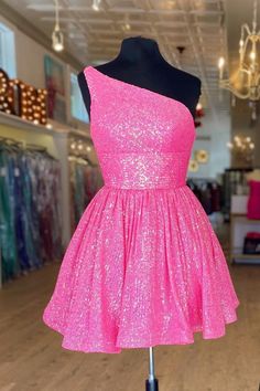 Hot Pink One Shoulder A Line Short Homecoming Dress Outfits For Women Sequins Hot Pink Prom Dress, 8th Grade Dance, Cute Homecoming Dresses, Pink Prom Dress, Hoco Dress, A Line Shorts, Pink Prom, Prom Dress Inspiration, Short Homecoming Dress