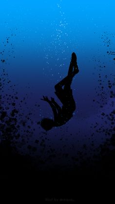 the silhouette of a woman swimming in blue water with bubbles on her body and back