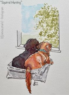 a watercolor painting of two dogs sleeping on a window sill