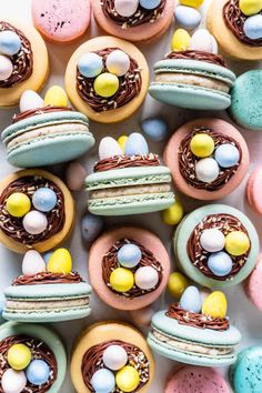 colorful macaroni and cheese pastries with chocolate eggs