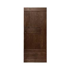 a brown wooden door with vertical slats on the bottom and side panels, in front of a white background