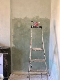 a ladder that is standing in the middle of a room with paint on it's walls