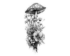 a drawing of flowers and mushrooms on a white background