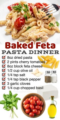 a poster with different types of pasta and sauces on it, including the ingredients for baked