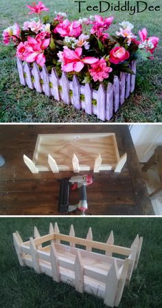 two pictures with flowers in them and the words how to make a flower box out of wood