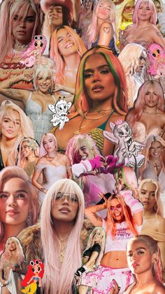 the collage shows many different women with pink hair and tattoos on their bodys