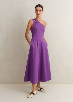 Cotton Sateen One Shoulder Midi Dress | ME+EM Formal Dress Code, Best Wedding Guest Dresses, Designer Midi Dresses, One Shoulder Midi Dress, Purple Outfits, Bright Spring, Cotton Midi Dress, Midi Dress Summer, Maxi Dress Cotton