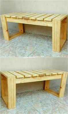 two wooden benches sitting next to each other on top of a tile floor in front of a wall