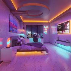 a bed room with a neatly made bed and purple lighting on the walls above it