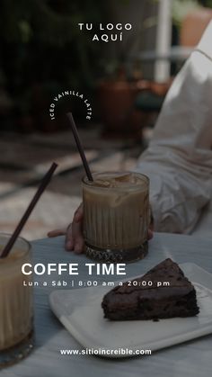 a person holding a drink and some brownies on a table with the words coffee time written in spanish