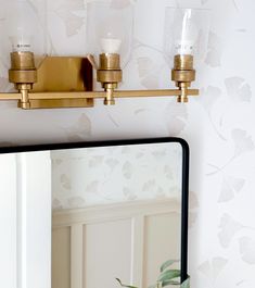 a bathroom mirror with two candles on it and a plant in front of the mirror