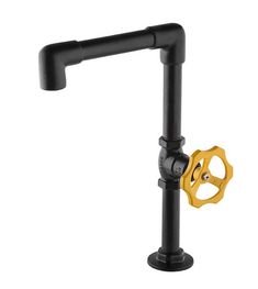 a black and yellow sink faucet with an orange spigot on it