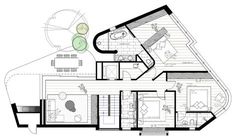 the floor plan of a house with two levels and three rooms, including a living area