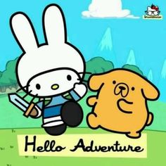 hello kitty and her dog are in front of a sign with the words hello adventure on it