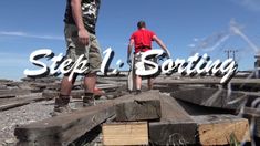 two men standing on wooden planks with the words step n boring in front of them