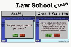 two screens with the words law school exam and what it feels like