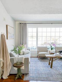 a living room filled with furniture and a cat sitting on the floor next to a window