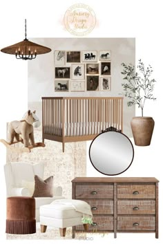 a baby's room with pictures on the wall and furniture