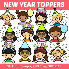 new year clipart for kids with birthday hats and party decorations, including balloons and confetti