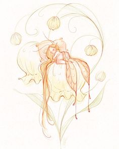 a drawing of a fairy sitting on top of a flower with her arms wrapped around her body