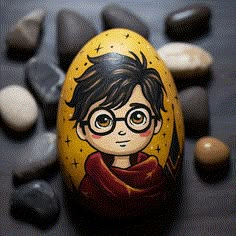 an egg with a painting of harry potter on it next to some rocks and pebbles