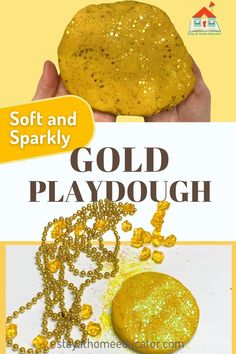 gold playdough is being held in front of a yellow background with the words soft and sparkly