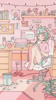 a drawing of a woman sitting in an office chair with her feet up on the desk