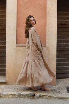 The Ava Dress // Rye Brown Linen Dress, Sunday Dresses, Puffy Long Sleeves, Mama Cloth, Cute Modest Outfits, Womens Fall Dress, Long Sleeve Casual Dress, Flowy Maxi Dress, Knitwear Dress