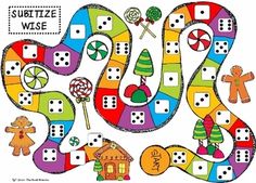 a colorful board game with lots of dices and gingerbreads on the side